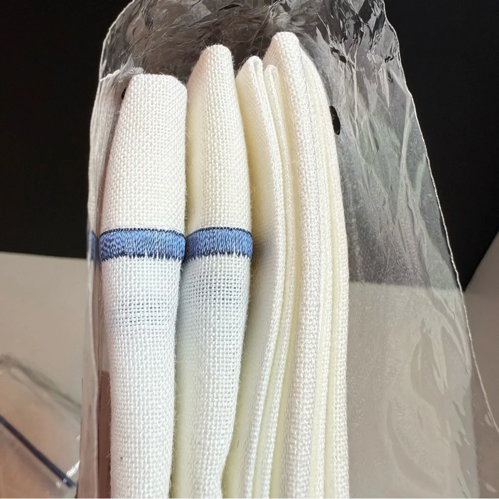 Classic Line Design White Napkins with Sapphire Stitched Boarder (8 Napkins)